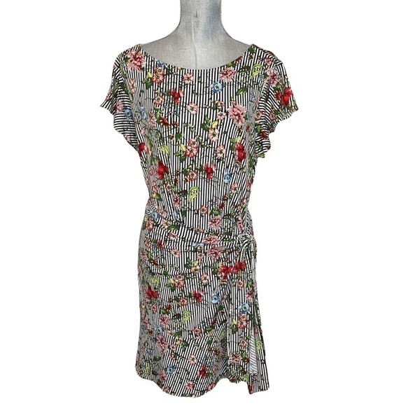 Eci NEW YORK BLACK WHITE STRIPE FLORAL PATTERN FAUX WRAP FLOUNCE SLEEVE DRESS XL - Picture 10 of 10